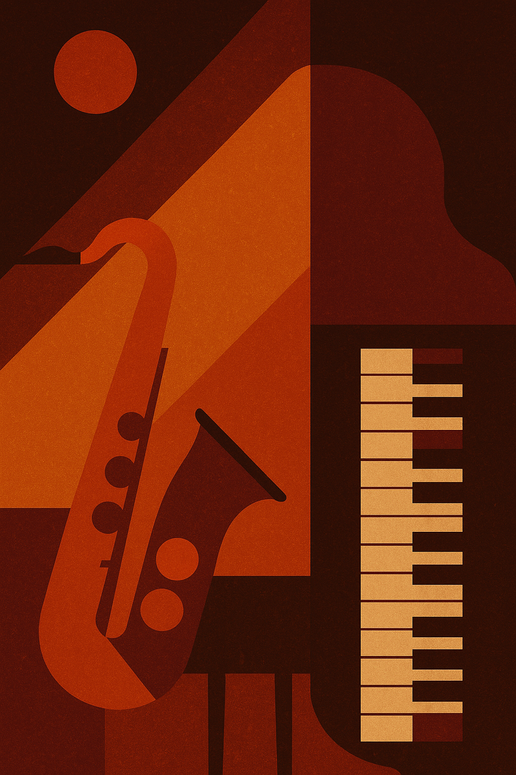 Abstract jazz artwork with a saxophone and piano keyboard